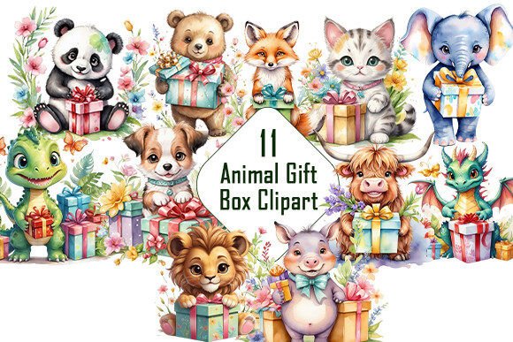 Download Watercolor Animal with Gift Box Clipart. - Gift box clipart Collection