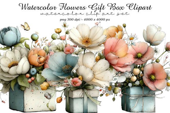 Download Watercolor Flowers Gift Box Clipart - Gift box clipart Collection